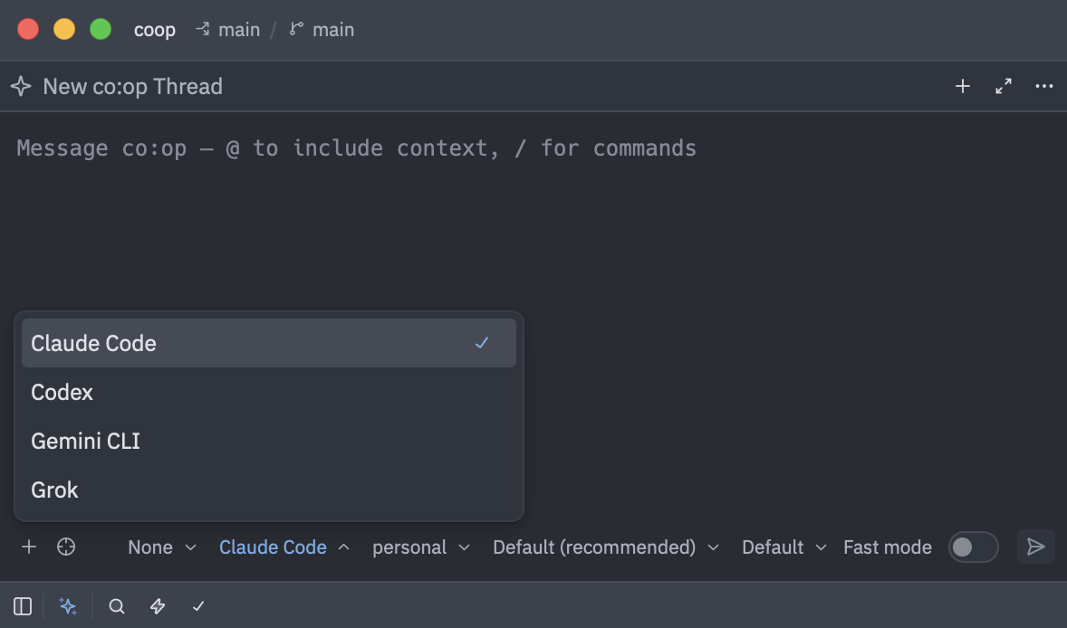 Zed's agent panel running co:op, its provider menu open on Claude Code, Codex, Gemini CLI and Grok, beside menus for the preset, account, model and effort